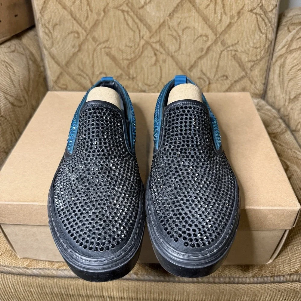 Gucci 368512 Crystal Satin Slip-On Sneakers Black Teal Men's US 7 UK 6 G Fit